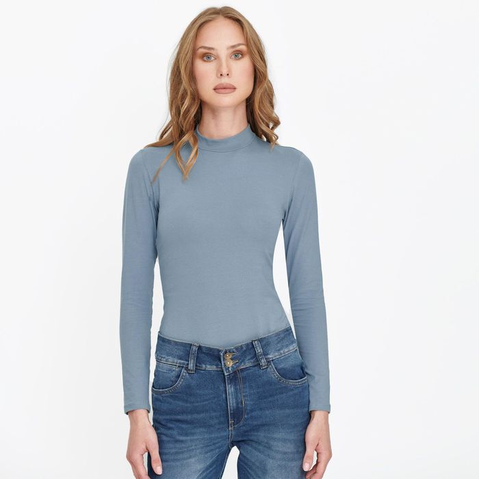 Blusa Manga Larga Color Azul China Para Mujer
