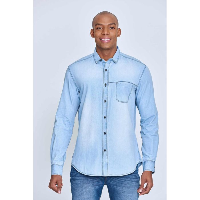 Camisa Manga Larga Color Azul Oscuro Indigo Para Hombre