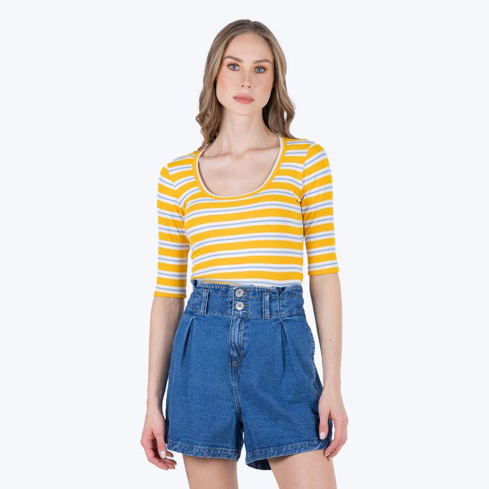 Camiseta Manga Larga Color Crudo Raya Amarilla Para Mujer