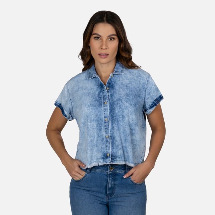 Blusa Manga Corta Color Azul Chambray Para Mujer