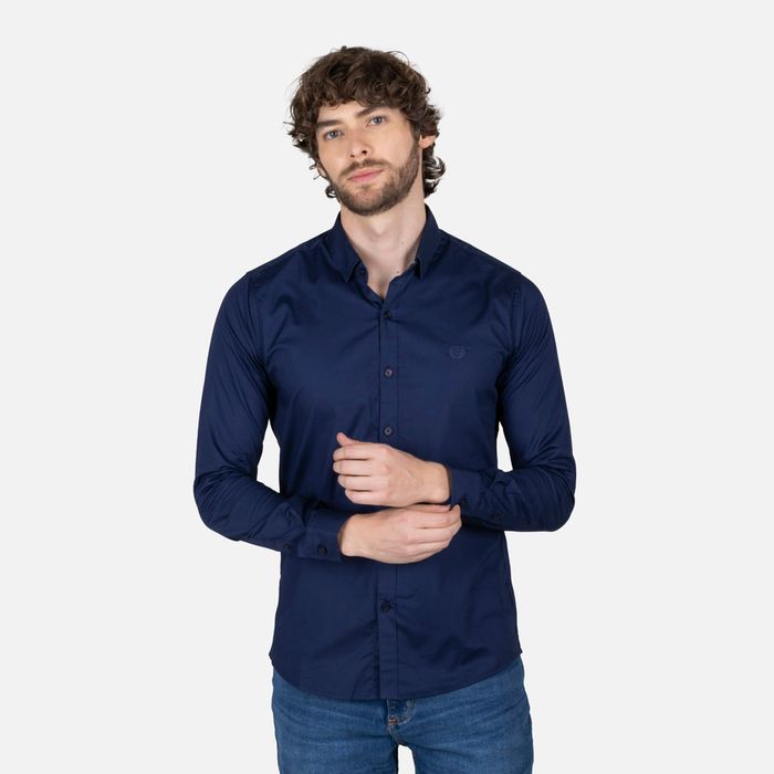 Camisa Slim Manga Larga Color Azul oscuro Para Hombre
