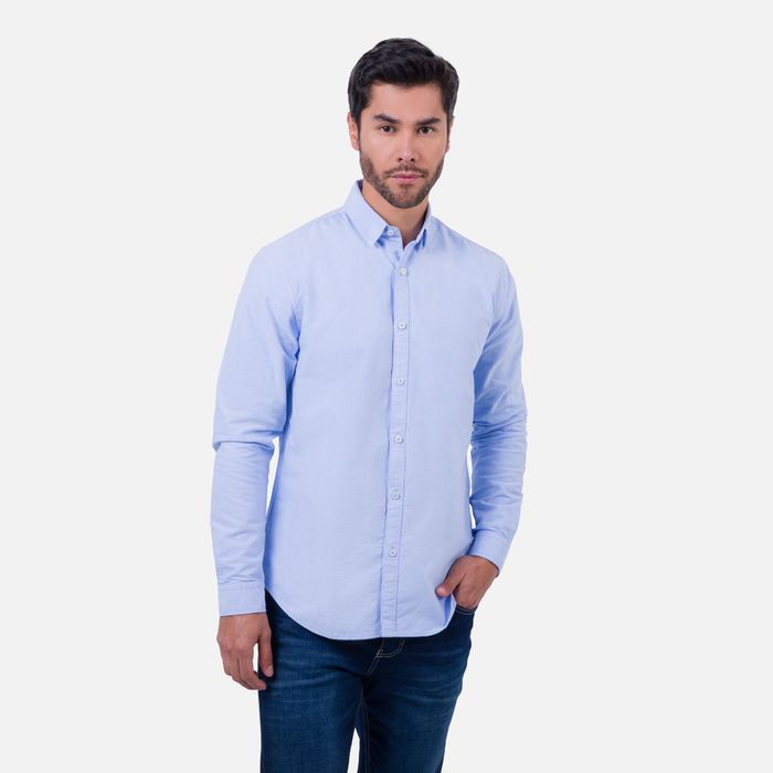 Camisa Manga Larga Color Azul Medio Para Hombre